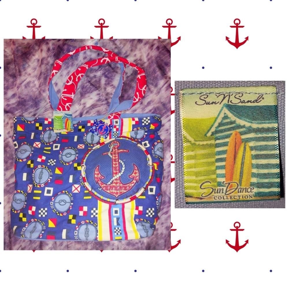 Sun 'N' Sand brand XL Sz Blue/Multiclrs Nautical Print Canvas Carryall Tote Bag